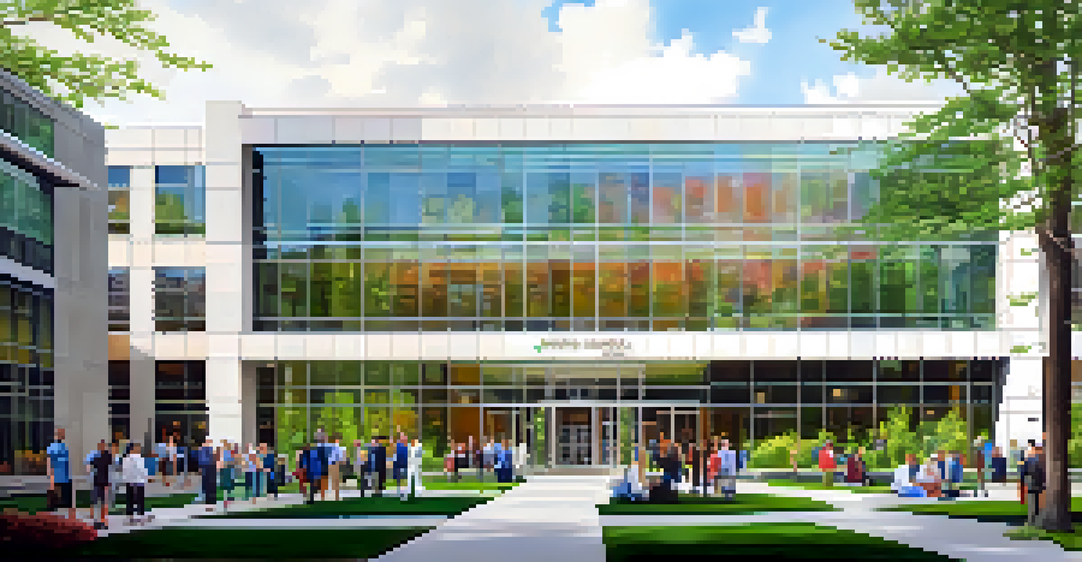 A lively view of the Buffalo Niagara Medical Campus with professionals engaging and modern buildings.