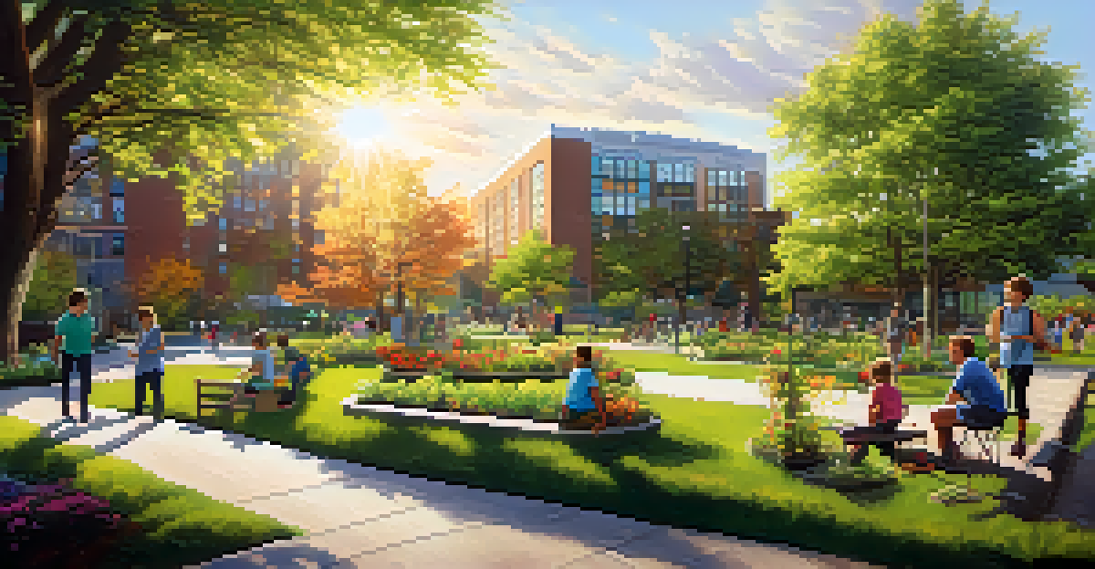 A peaceful park in Buffalo with community gardens, families enjoying the outdoors, and sunlight filtering through the trees, promoting sustainable development.