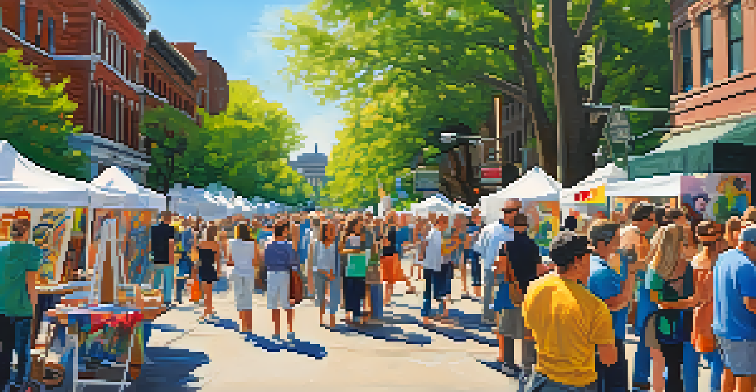 A vibrant outdoor art walk in Buffalo, with local artists showcasing their work and visitors engaging with the art.