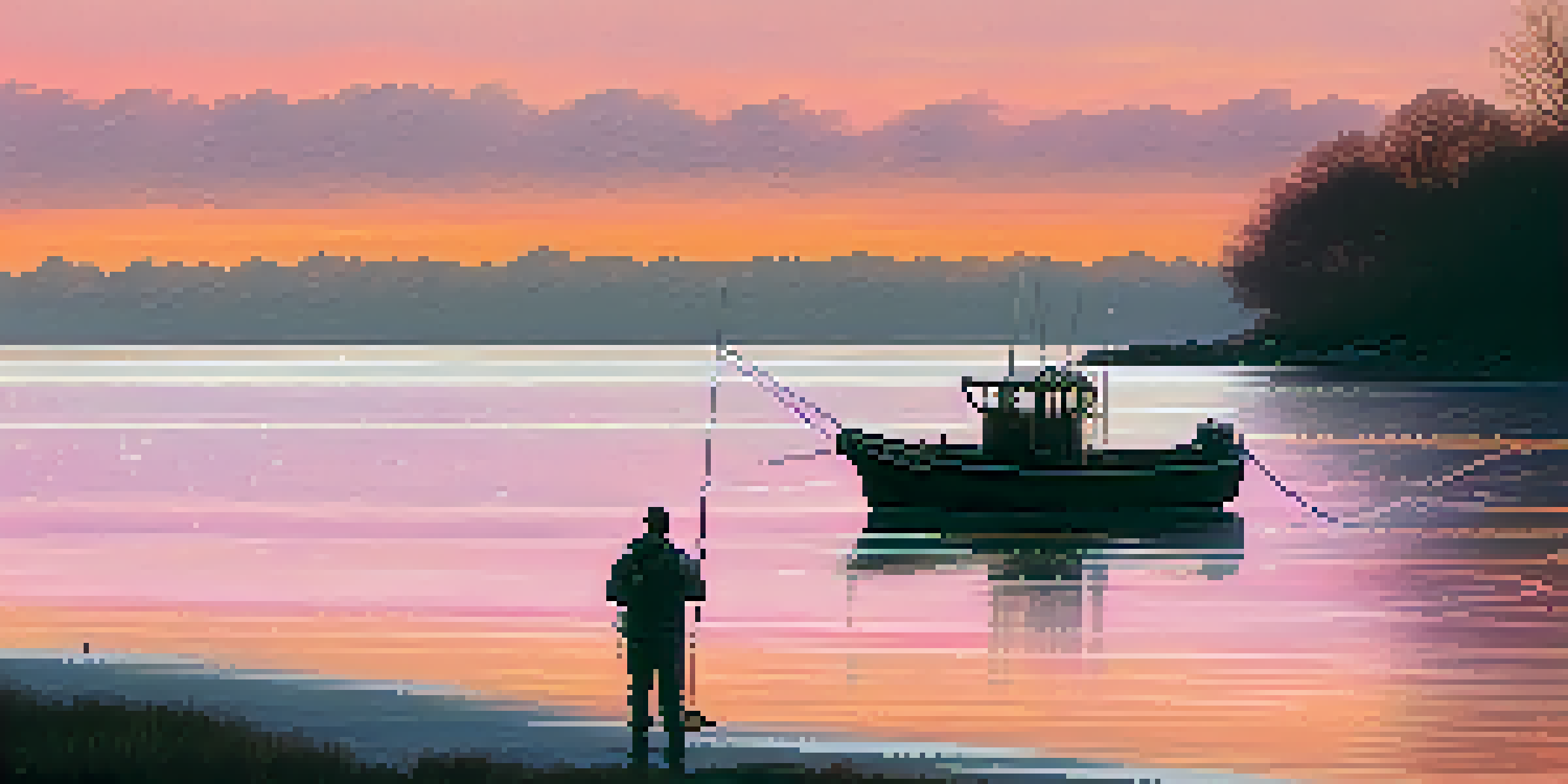 A peaceful morning scene at Lake Erie with a fishing boat and a fisherman casting a line at dawn.