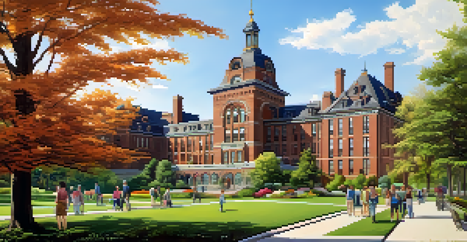 The restored Richardson Olmsted Complex in Buffalo, featuring landscaped gardens and people enjoying a sunny day on the lawn.
