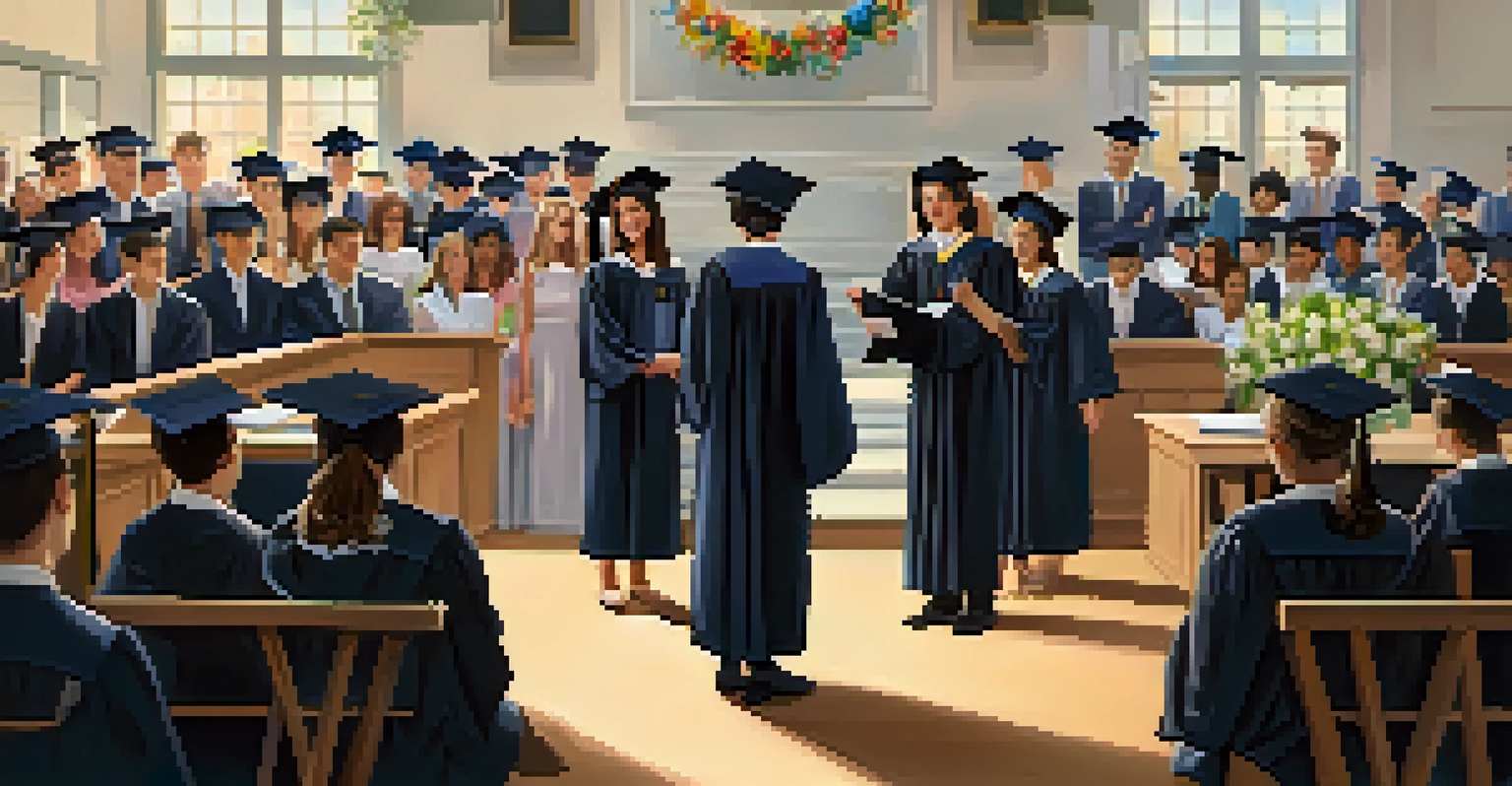 Students in graduation caps and gowns receiving diplomas during a joyful ceremony, surrounded by cheering friends and family.