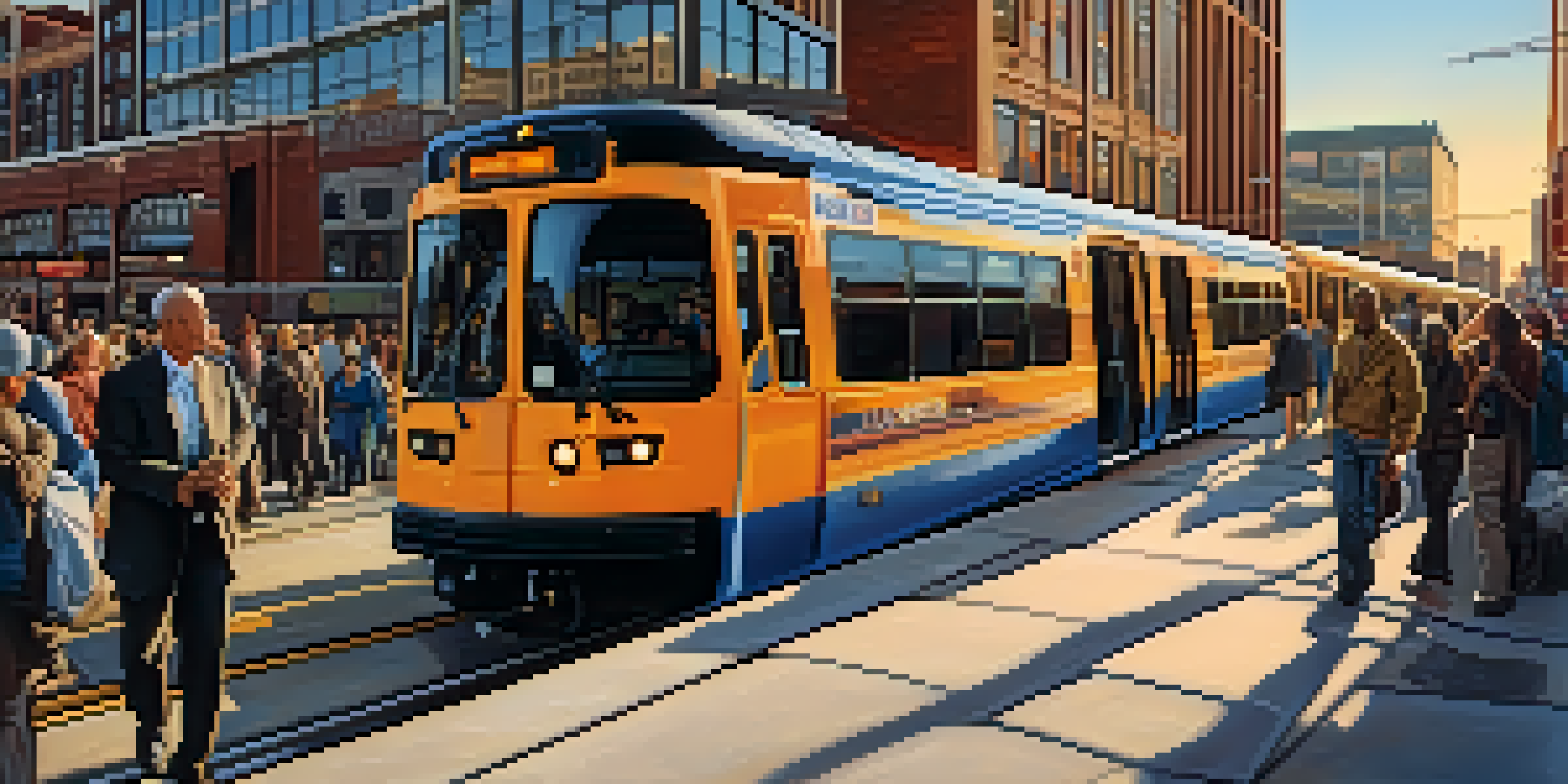 A busy Buffalo light rail station with diverse commuters and colorful murals, illuminated by the setting sun.
