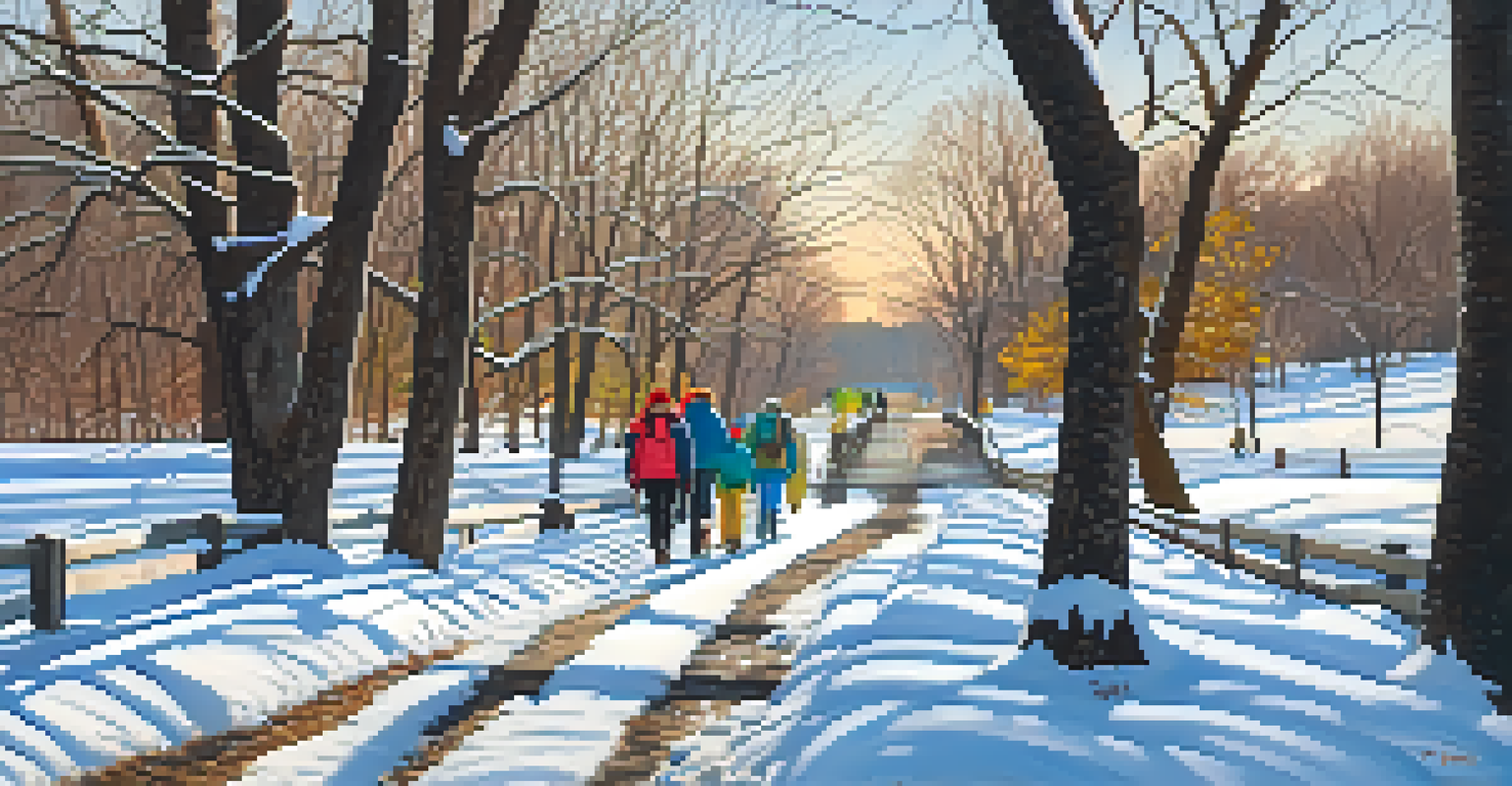 A family hiking on a snowy trail in Delaware Park during winter.