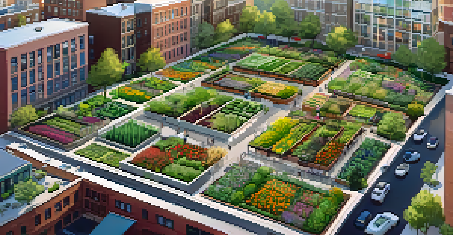 An aerial view of multiple community gardens in Buffalo, showcasing lush greenery and colorful flowers amidst urban buildings.