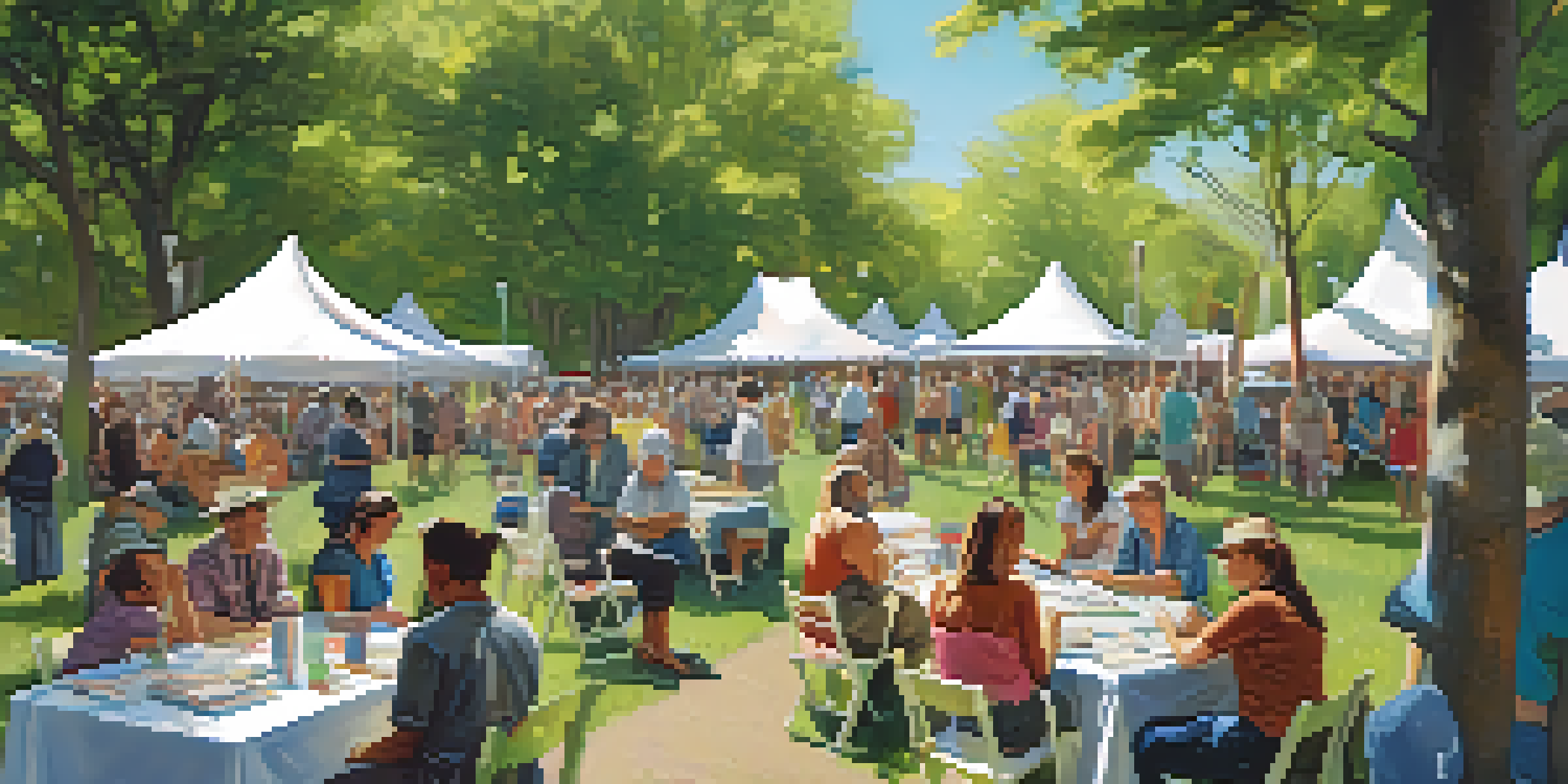 A lively outdoor literary festival in Buffalo, showcasing diverse people engaging with books and art under trees.