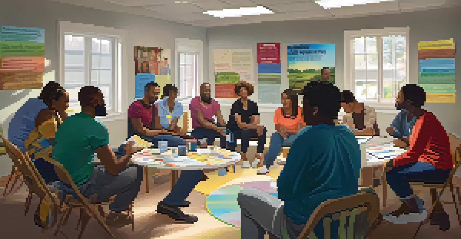 A supportive workshop environment at a safe house with a diverse group of individuals seated in a circle, sharing and discussing in a warmly lit room.