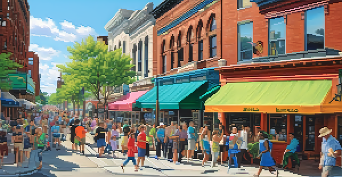 A lively street scene in Buffalo, New York, with local shops, people chatting, and a clear blue sky above the skyline.