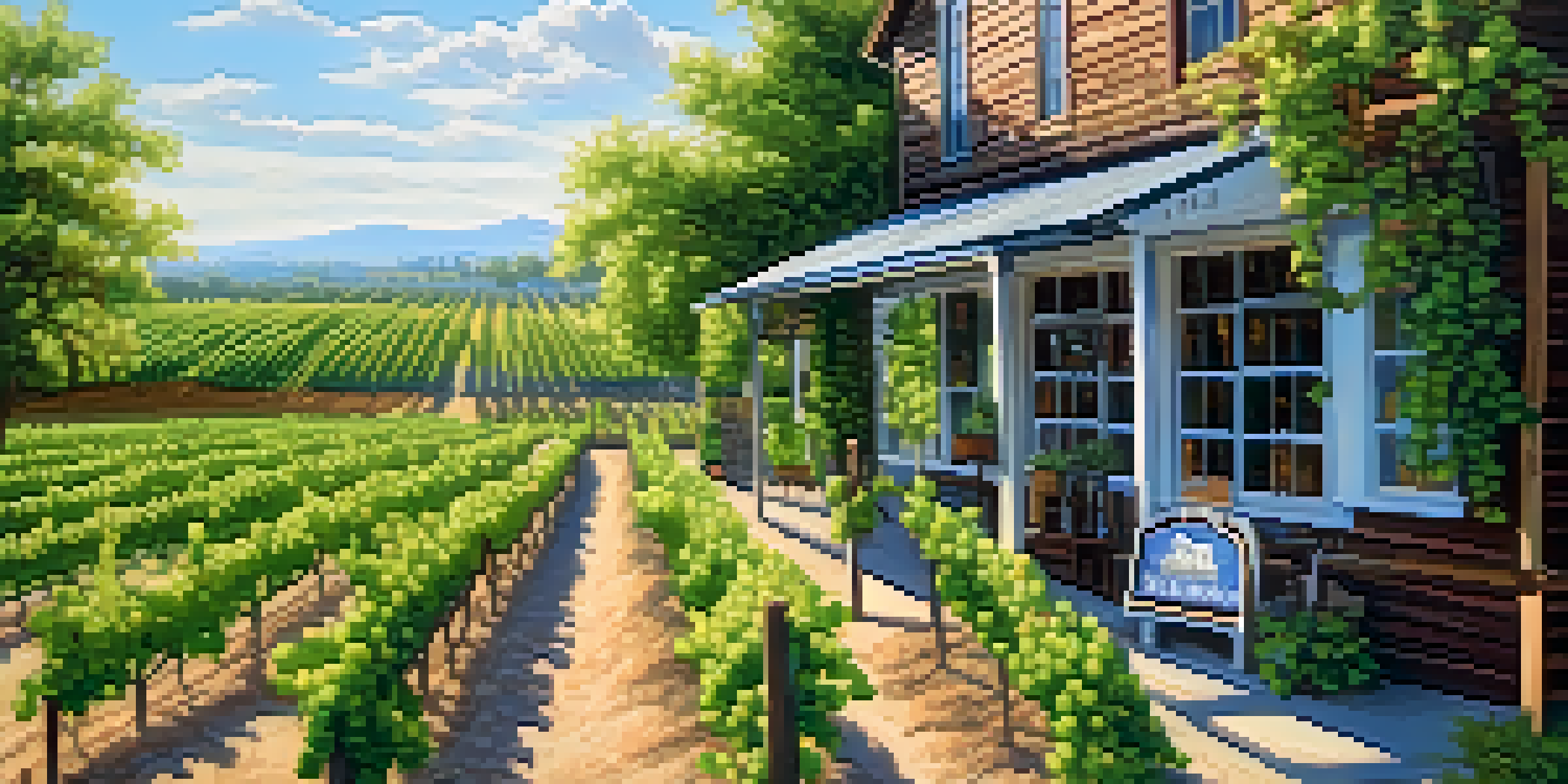 A scenic view of a vineyard with grapevines and a rustic wooden sign indicating 'Buffalo Wine Trail'.