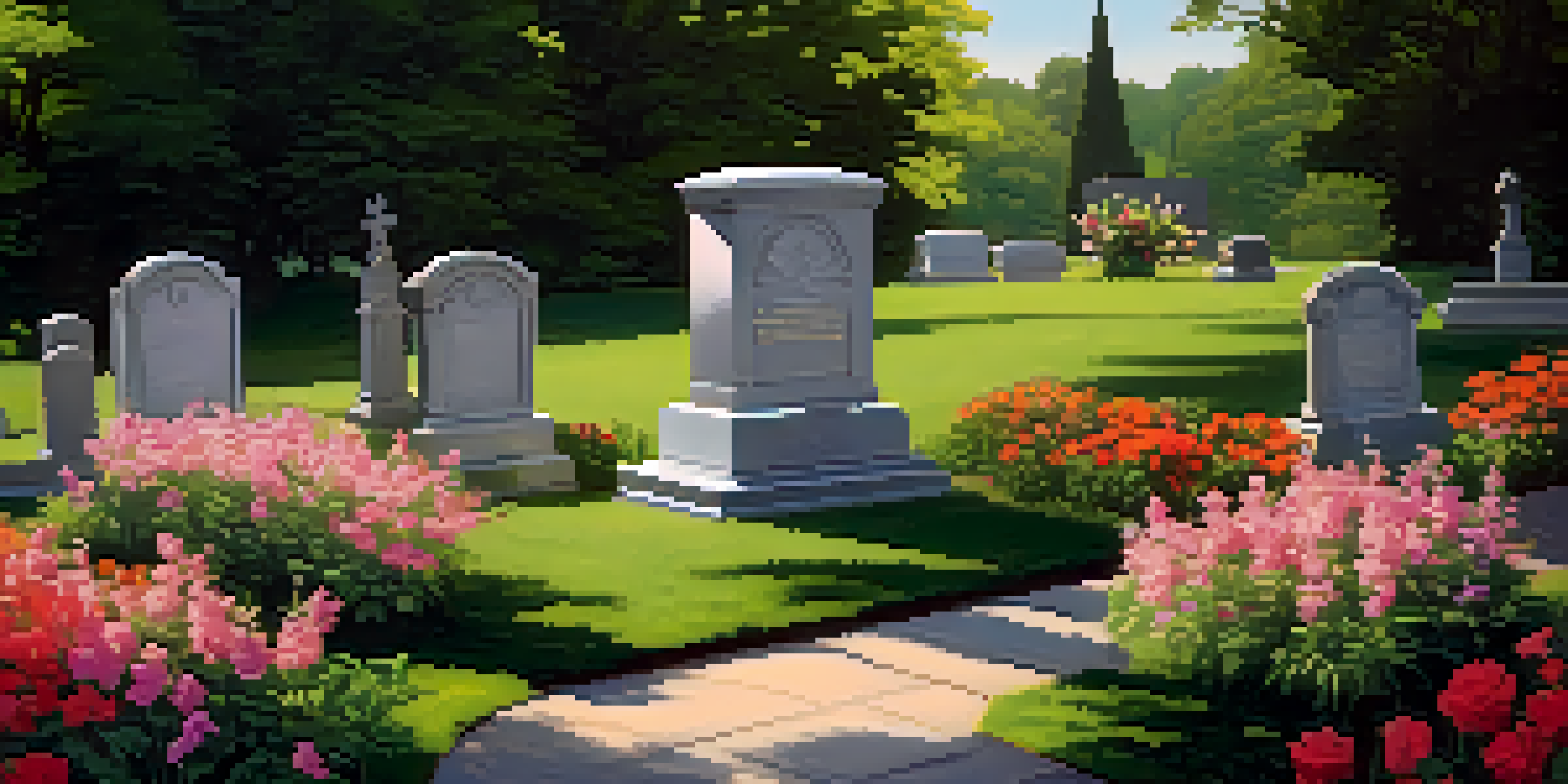 A peaceful cemetery scene showing Millard Fillmore's grave, surrounded by greenery and flowers with soft sunlight filtering through the trees.