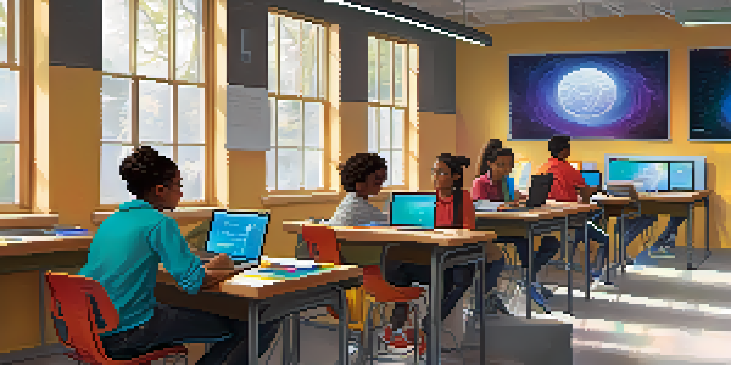 A diverse group of students in a bright classroom working on laptops, engaged in a tech education program.