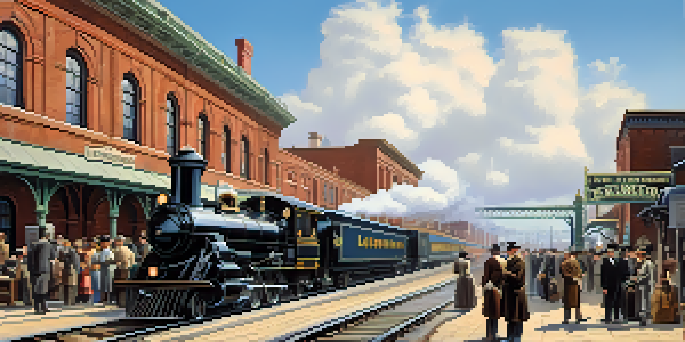 A busy 19th-century railroad station in Buffalo with steam trains and people in historical clothing, set against a vibrant sky.