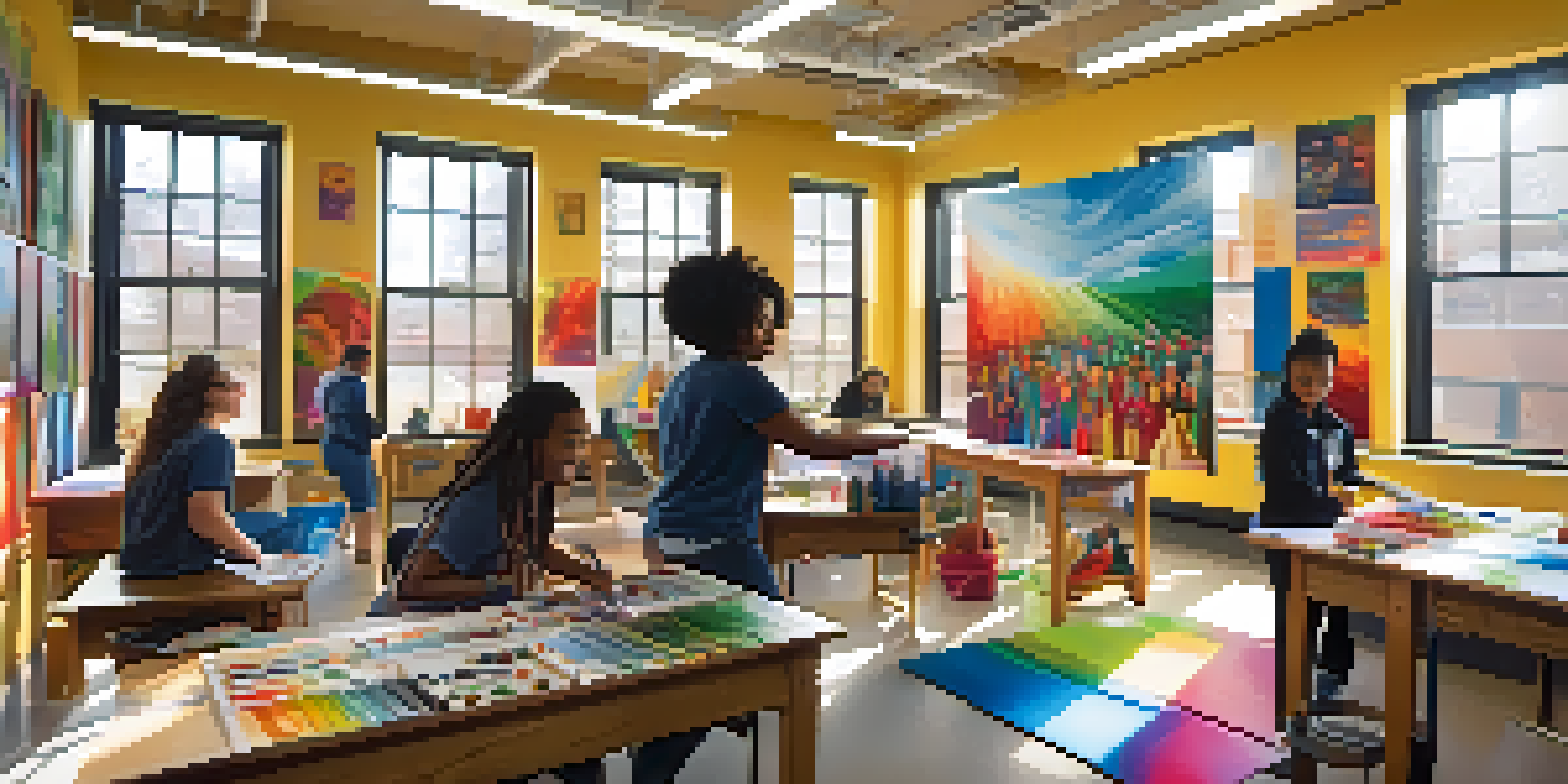 A classroom filled with diverse students working together on an art project, surrounded by colorful supplies and their artworks on the walls.
