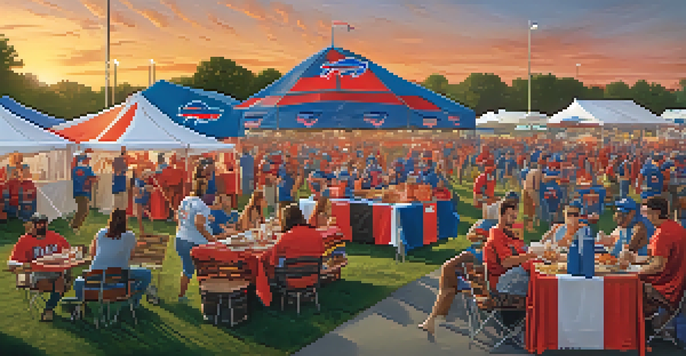 A vibrant tailgating scene with fans in sports jerseys enjoying food and drinks while celebrating before a game.