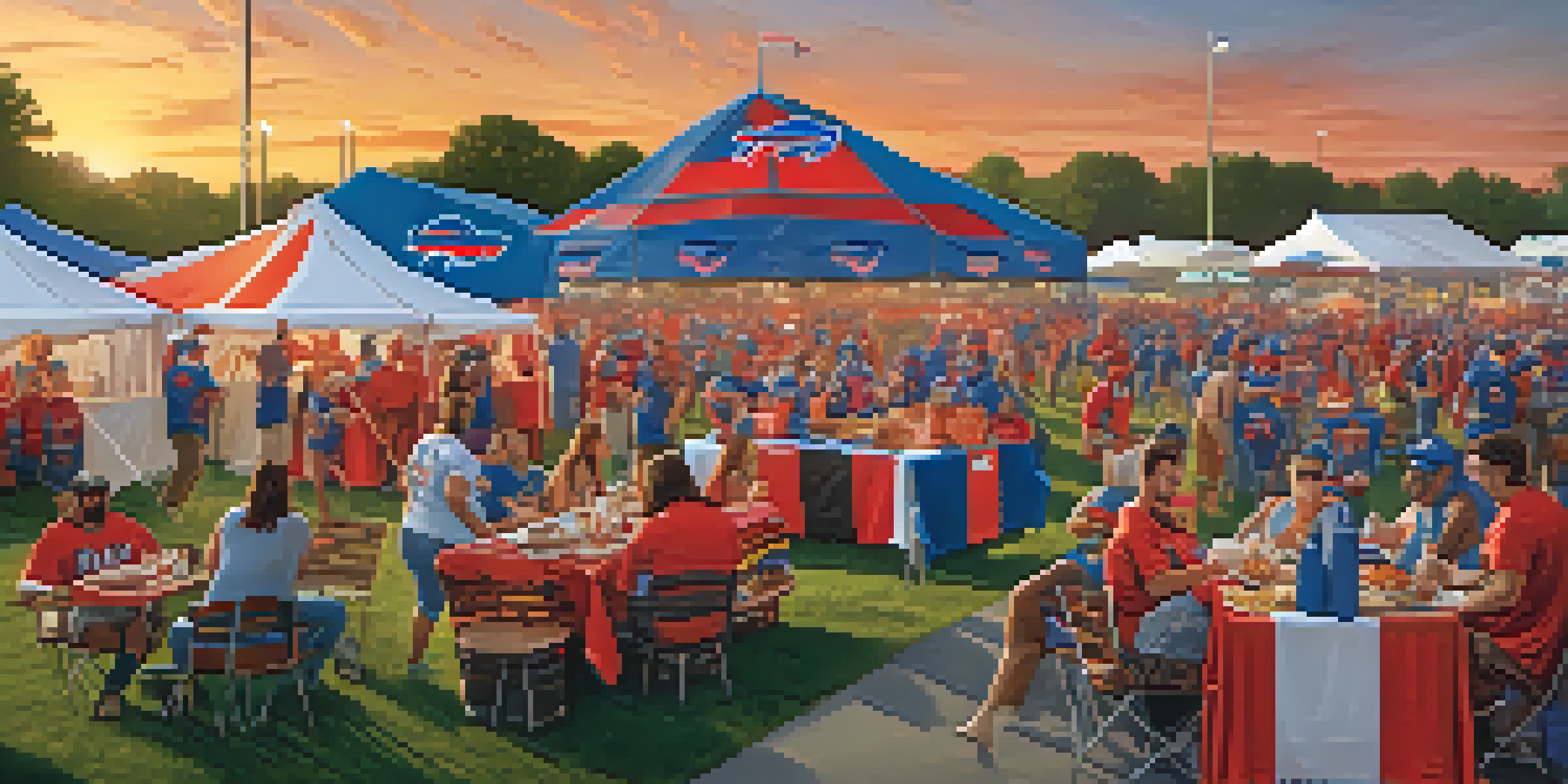 A vibrant tailgating scene with fans in sports jerseys enjoying food and drinks while celebrating before a game.