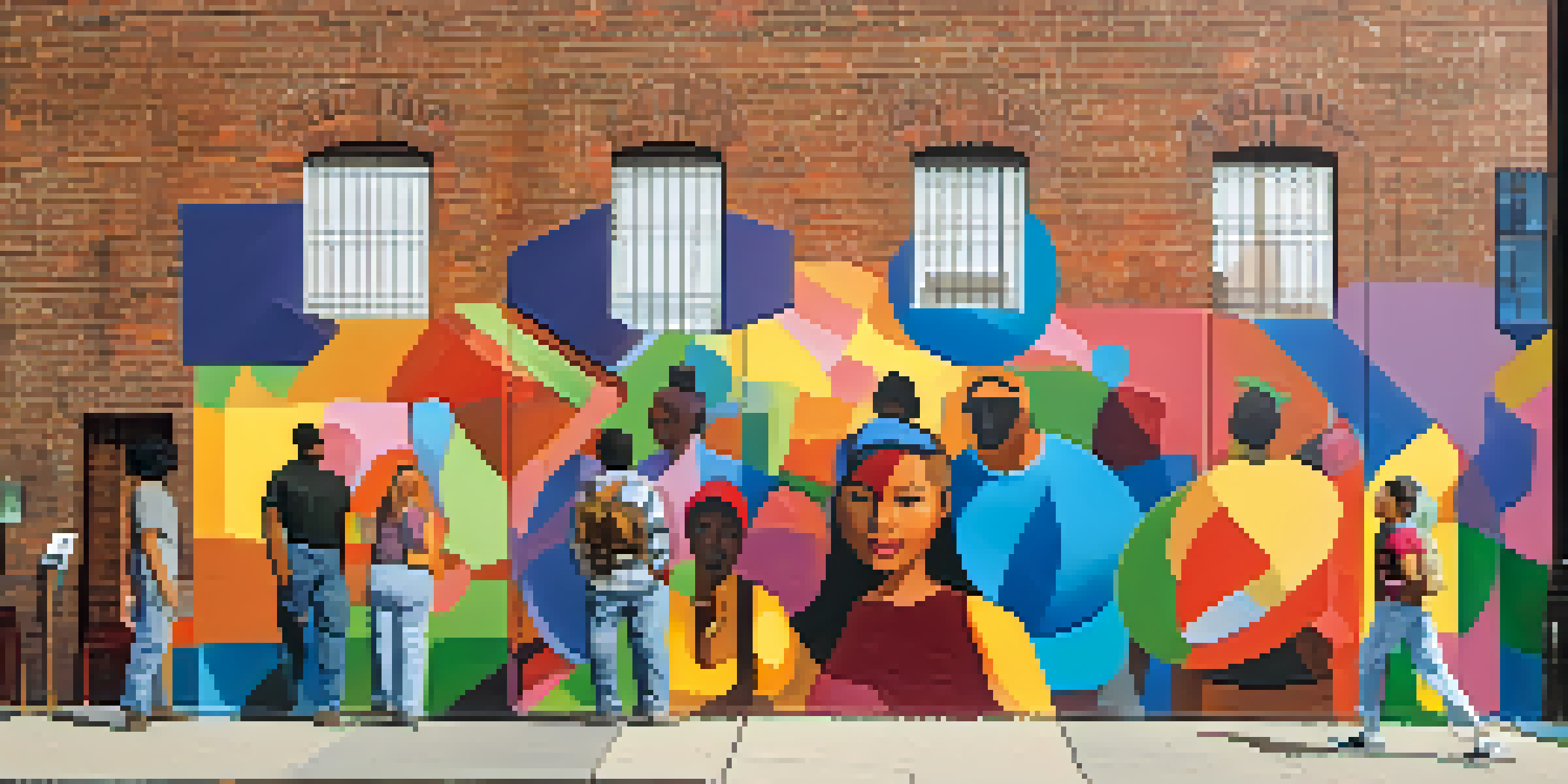 A colorful mural on a brick wall, showcasing diverse figures and abstract shapes that celebrate community and creativity.