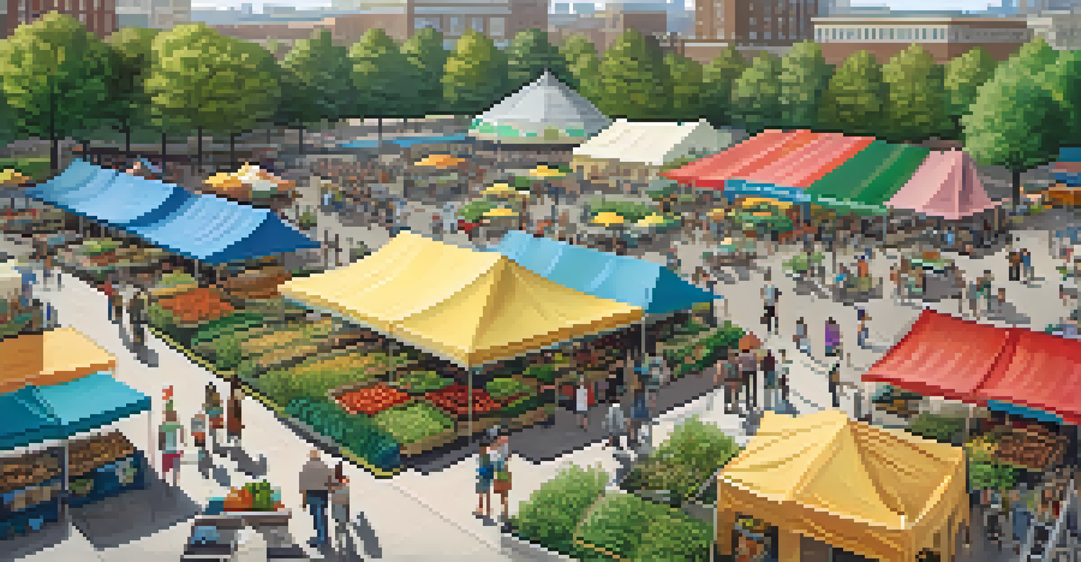 Aerial view of a Buffalo park hosting a farmers' market, with colorful tents and people enjoying fresh produce amidst city buildings.