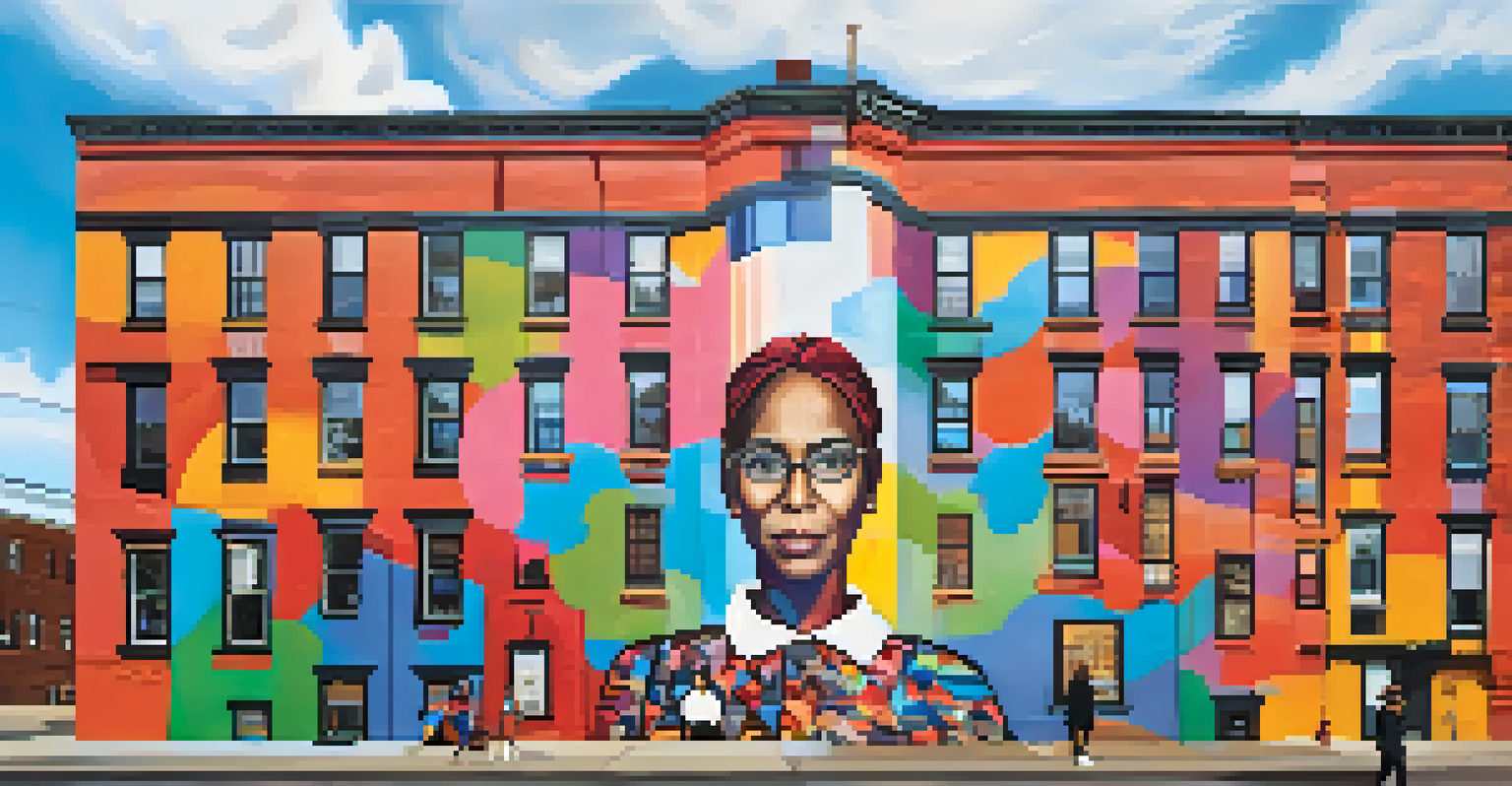 A colorful mural in Buffalo representing empowered women advocating for equality and education, set against an urban backdrop.