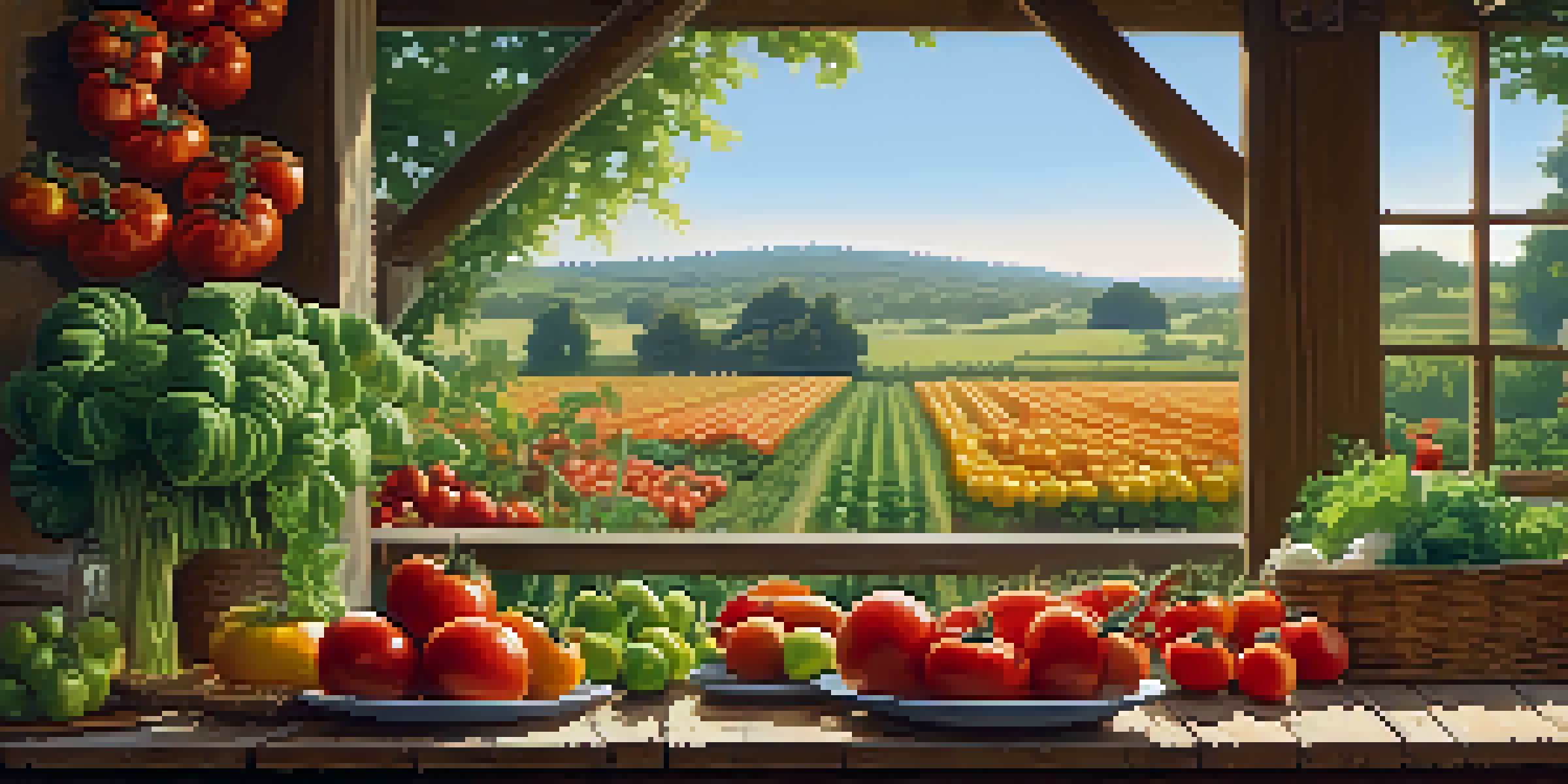 An outdoor dining table filled with fresh, colorful seasonal produce under soft golden sunlight, surrounded by lush green fields.