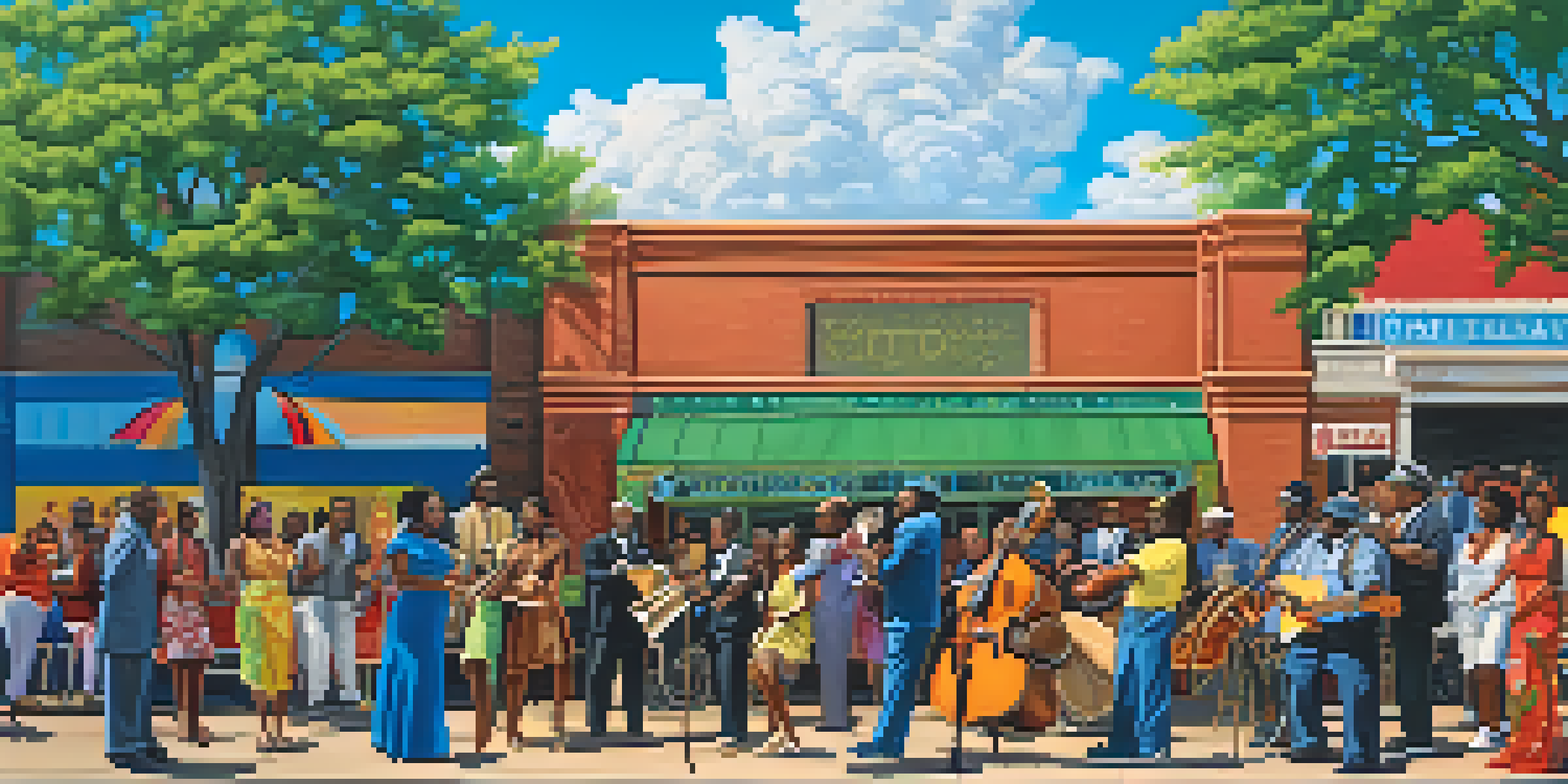 A lively street scene in Buffalo showcasing a colorful mural and musicians, with people from diverse backgrounds enjoying the atmosphere.