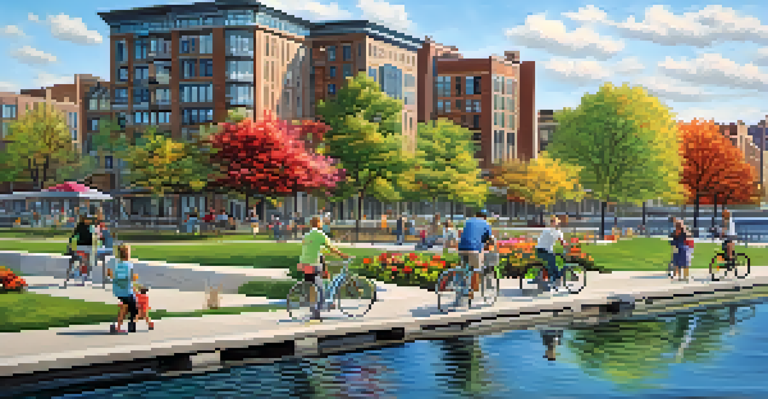 A contemporary scene of the Erie Canal waterfront in Buffalo, where families are enjoying a sunny day in parks and recreational areas.