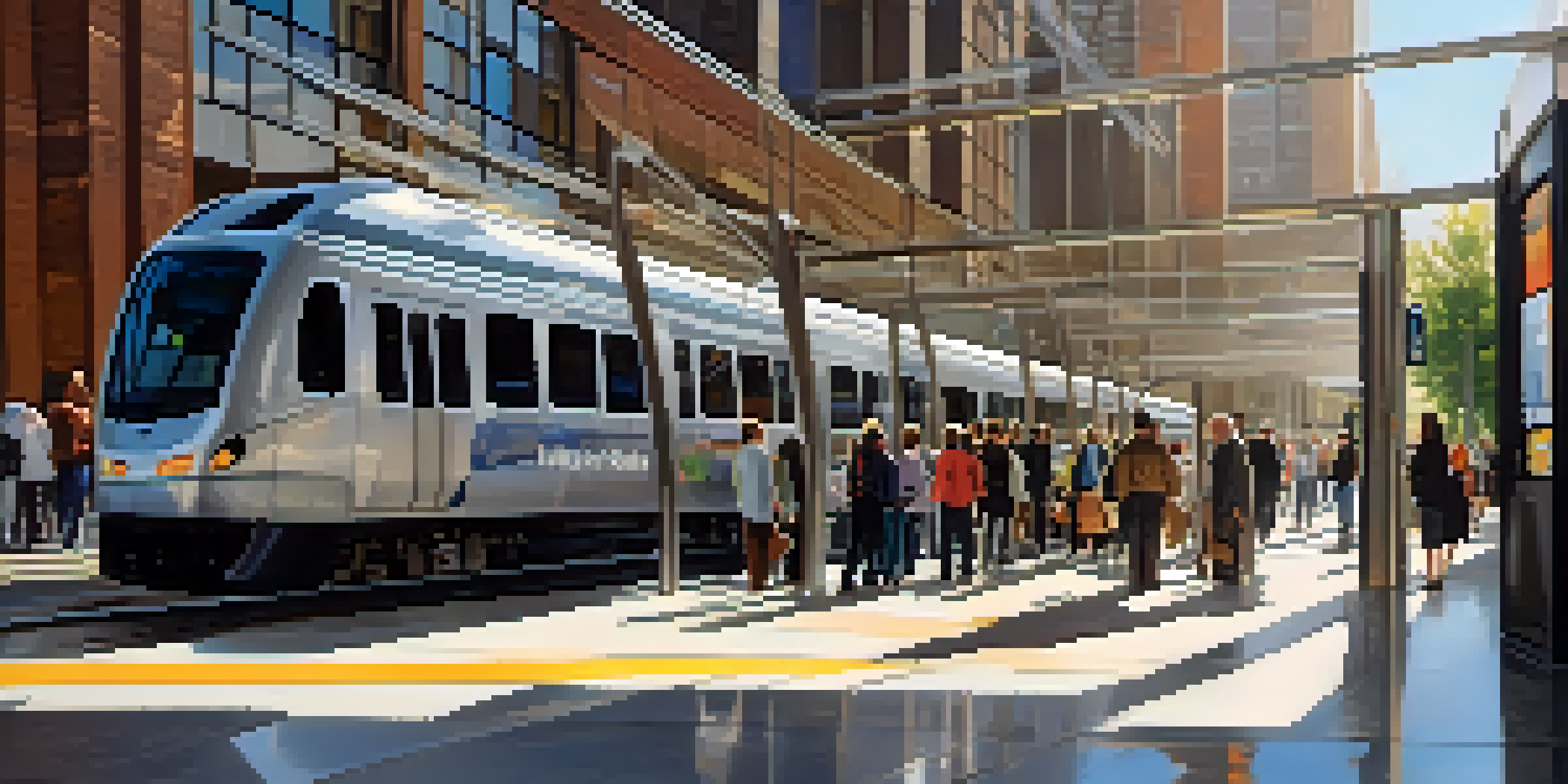 A busy Buffalo light rail station with diverse commuters and modern architecture, illuminated by sunlight.