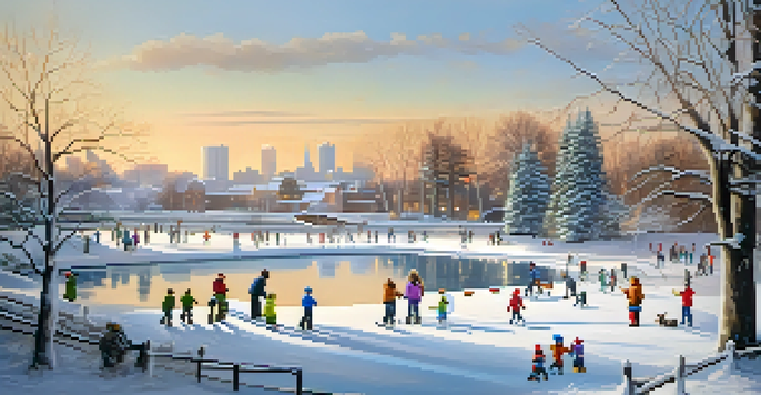 A winter scene in Buffalo with snow-covered trees, children building snowmen, and families ice skating on a frozen pond under golden sunlight.