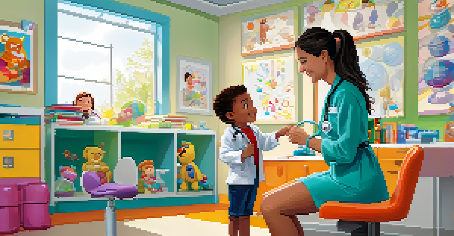 A pediatrician examining a child in a colorful examination room, creating a friendly and safe atmosphere.
