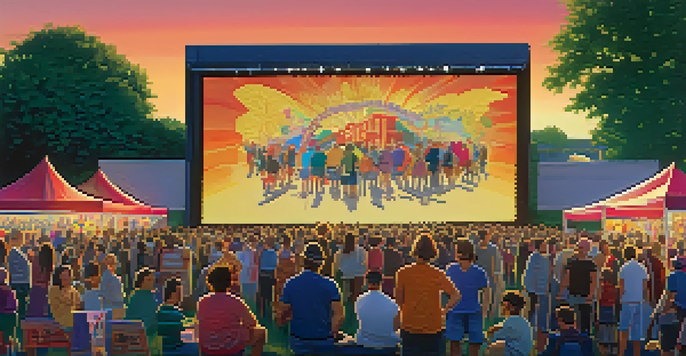 A bustling outdoor film festival with a large screen, colorful decorations, and diverse attendees enjoying the event during sunset.