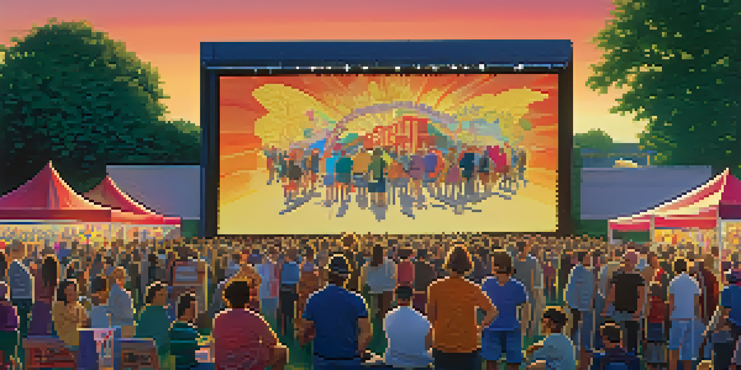 A bustling outdoor film festival with a large screen, colorful decorations, and diverse attendees enjoying the event during sunset.