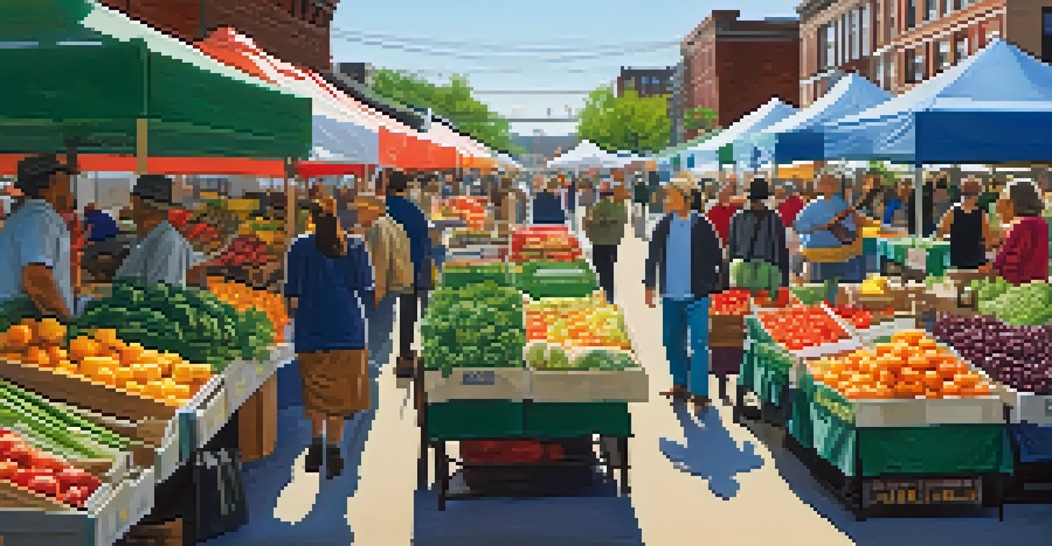 A lively farmers' market in Buffalo with fresh produce and diverse shoppers engaging at the stalls.