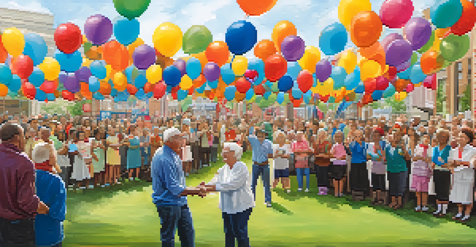 A celebration event recognizing volunteers, with a stage displaying awards and banners, an engaged audience clapping and smiling amidst colorful decorations.