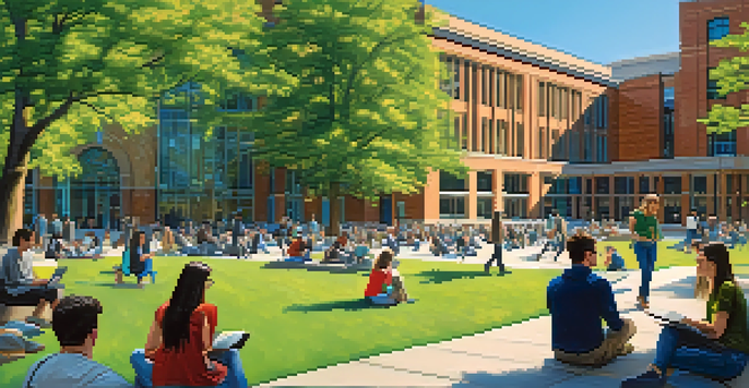 A lively university campus with diverse students discussing outside on a sunny day, surrounded by green lawns and modern buildings.