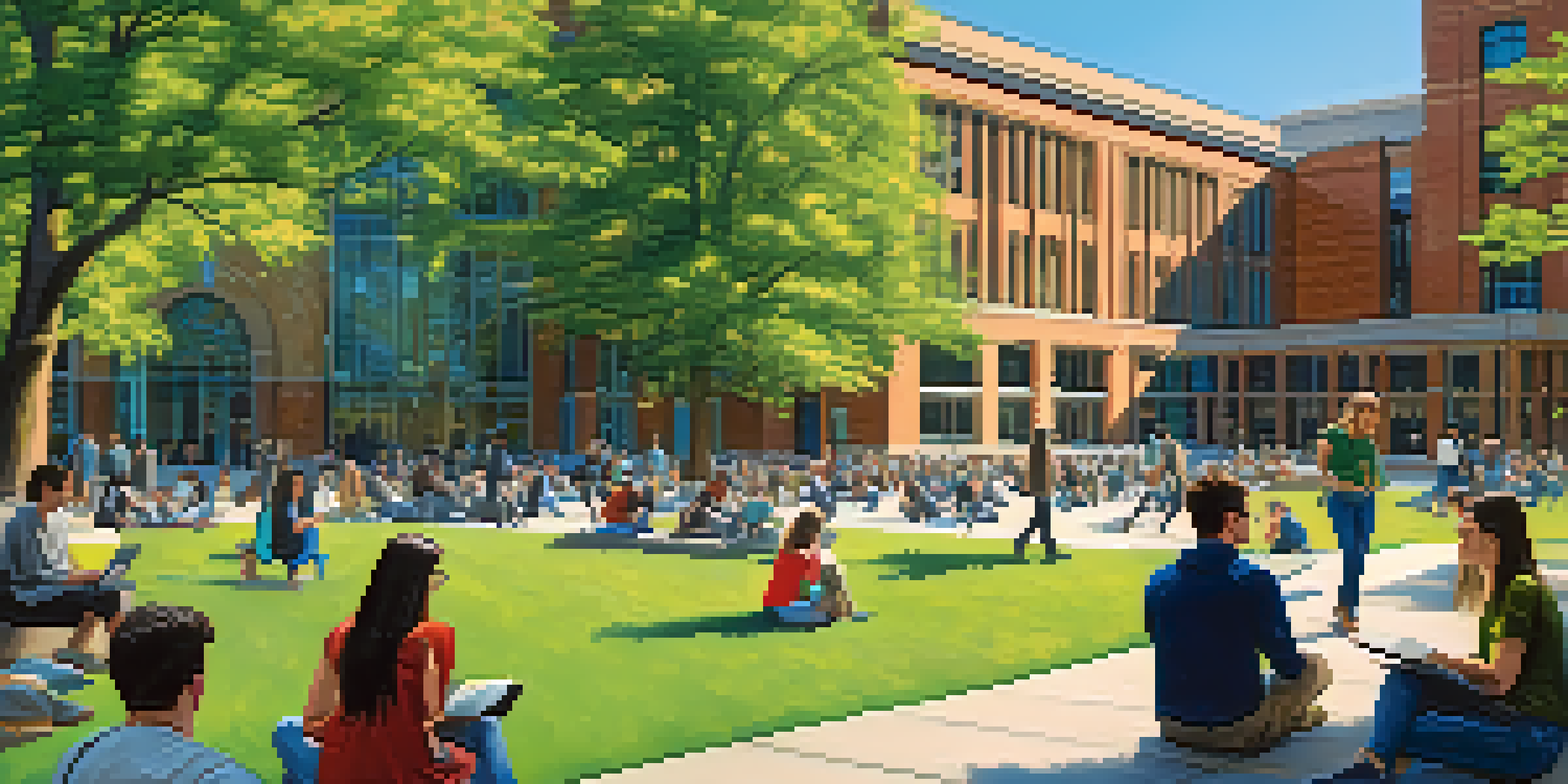 A lively university campus with diverse students discussing outside on a sunny day, surrounded by green lawns and modern buildings.