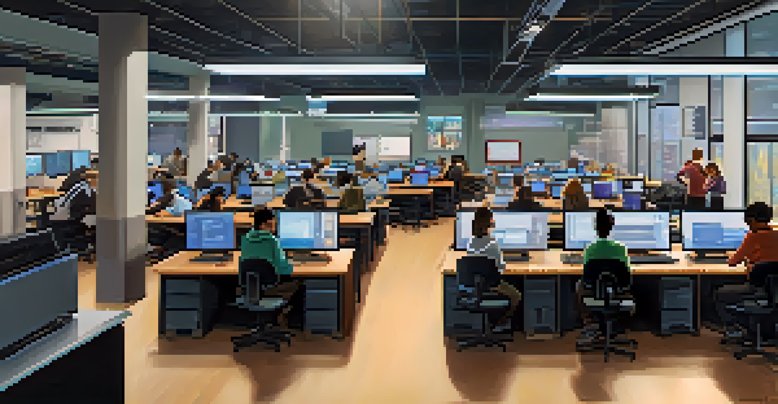 Students in a classroom working on tech projects together, surrounded by computers and equipment, showcasing a dynamic learning environment.