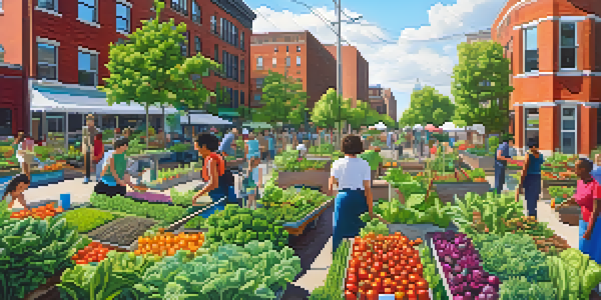 A lively community garden in Buffalo filled with colorful vegetables and flowers, featuring diverse people working together under bright sunlight.