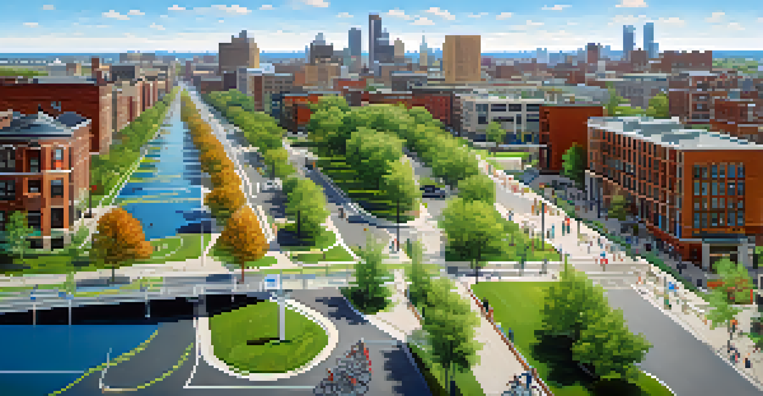 An aerial view of Buffalo with bike lanes, bike-sharing stations, and cyclists enjoying a sunny day.