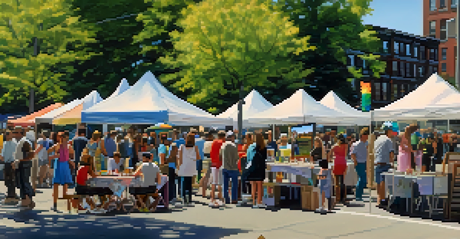 A community arts festival in Buffalo with students' artwork displayed, families enjoying the event, and live music in a vibrant outdoor setting.