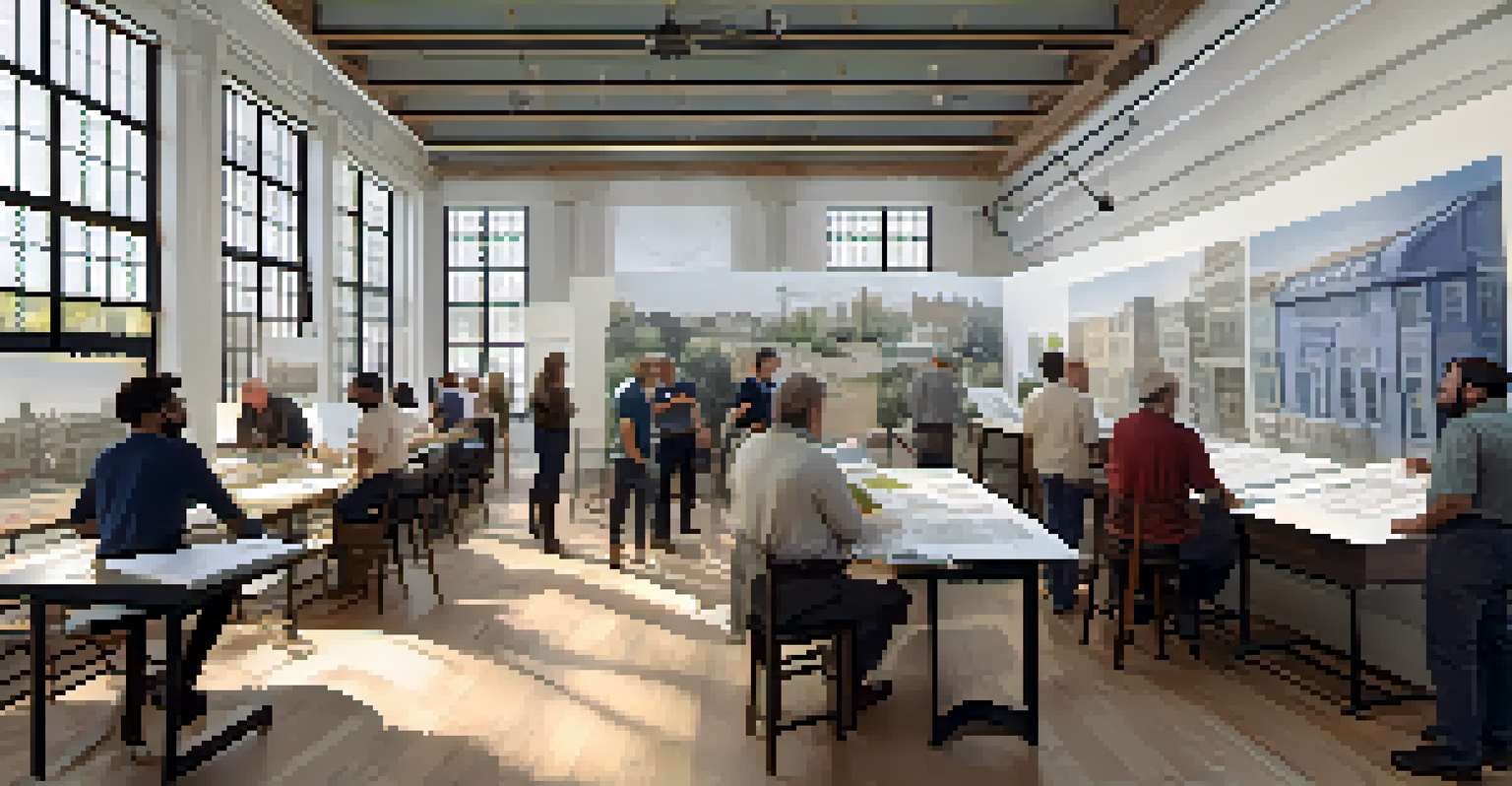 A workshop with community members discussing architectural preservation, surrounded by blueprints and a screen showing a virtual reality tour.