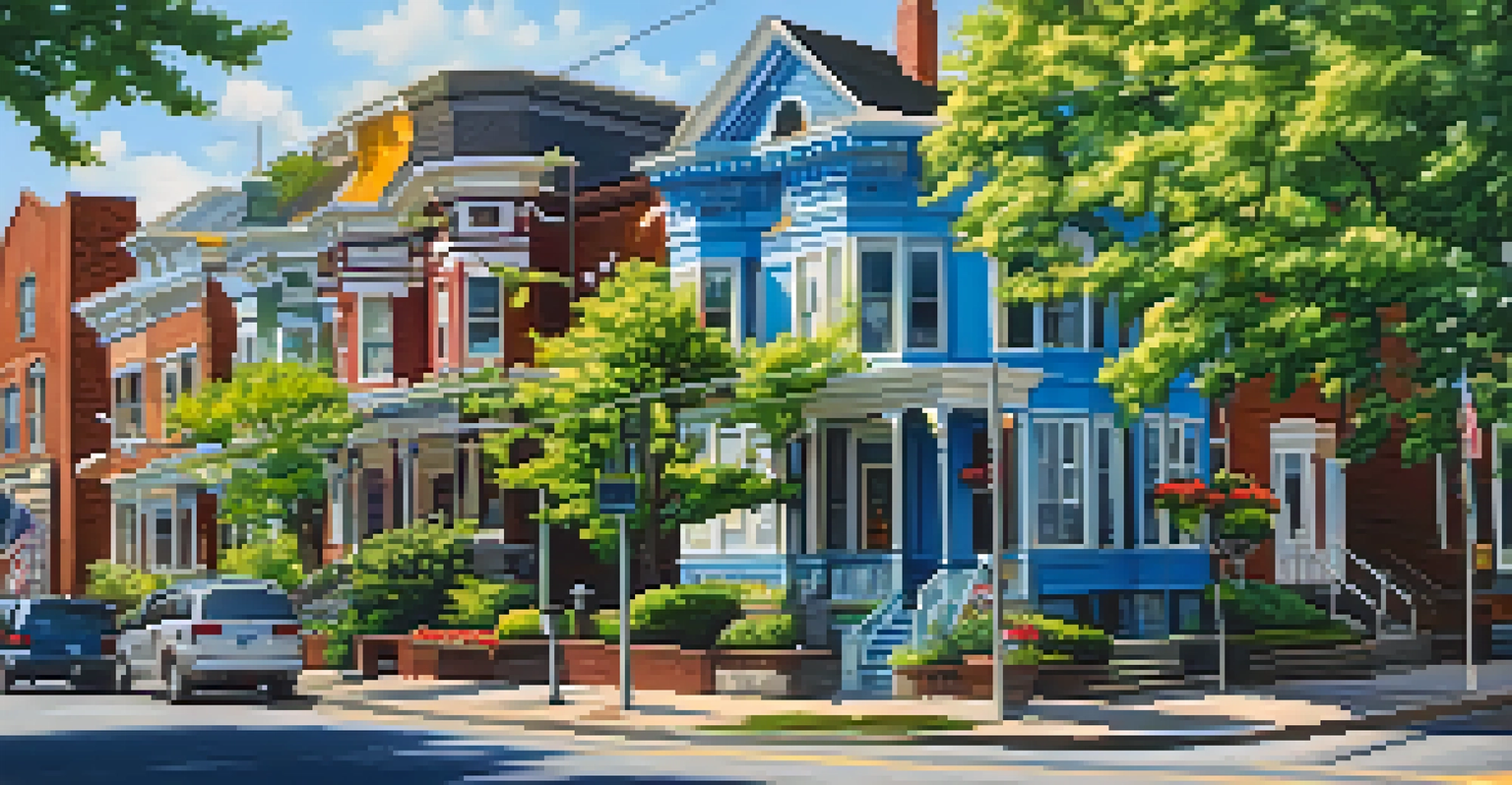 A lively street scene in the Allentown Historic District with Victorian homes and local art galleries under a bright blue sky.