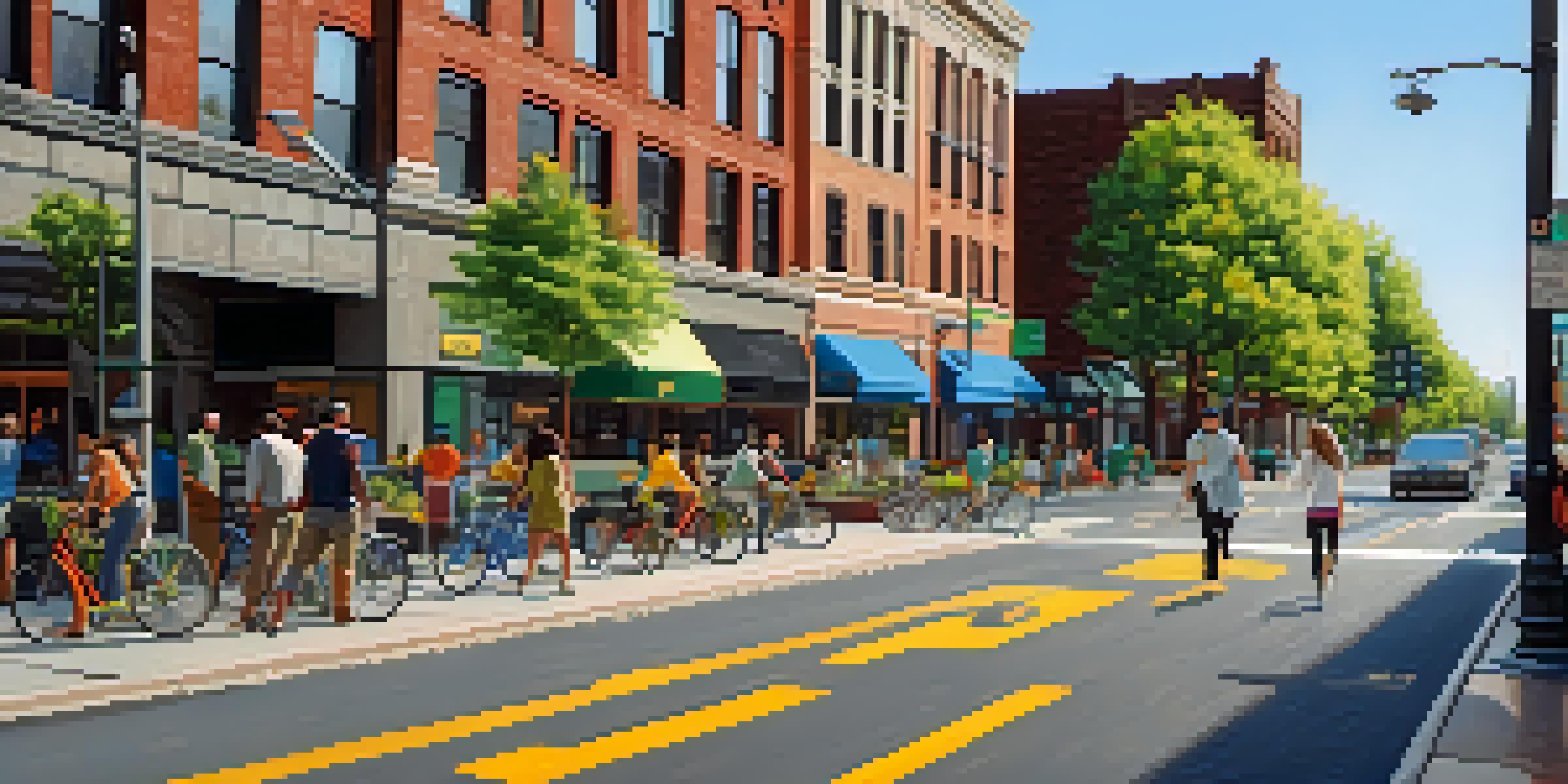 A bustling street in Buffalo with bike lanes, pedestrians, and greenery, bathed in morning light.