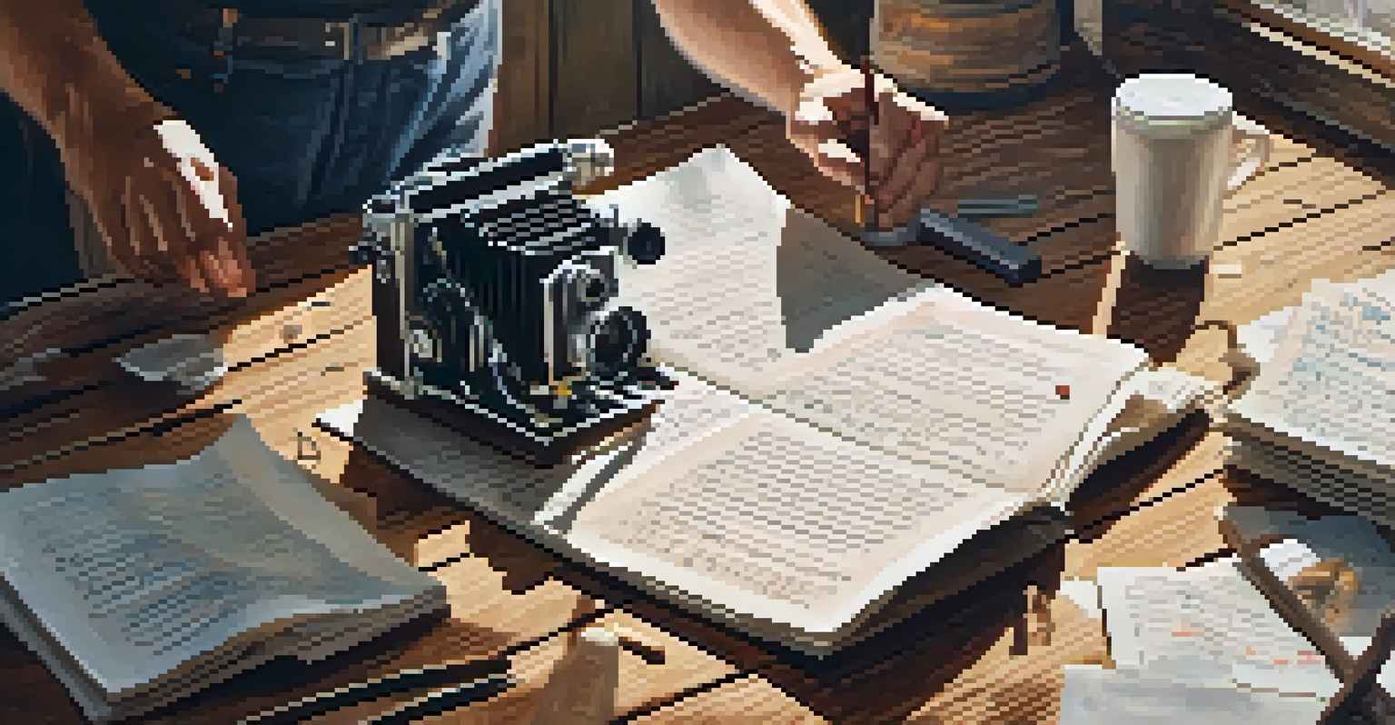 A close-up of a filmmaker's hands writing a script with notes and coffee cups on a rustic table, with natural light and a vintage camera in the background.