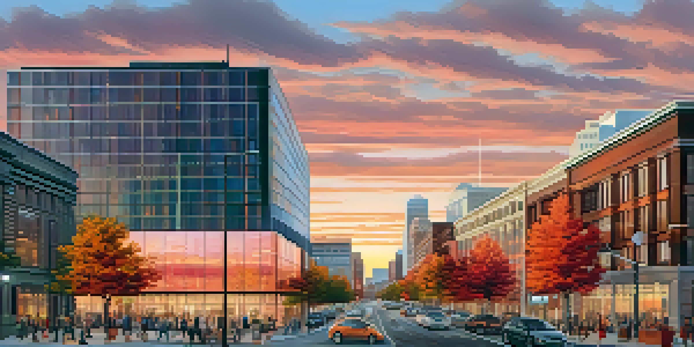 A vibrant sunset scene in Buffalo's tech district, featuring modern buildings and people engaged in conversation.
