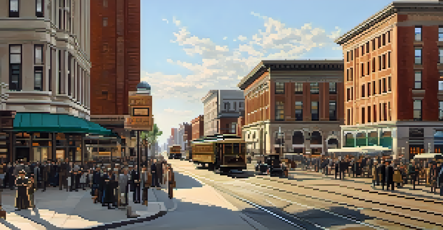 A historical street view of early 1900s Buffalo with musicians performing and pedestrians in a bustling environment.
