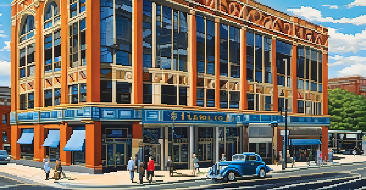 The Harlow C. Curtiss Building with colorful Art Deco designs, surrounded by city life and blue skies.
