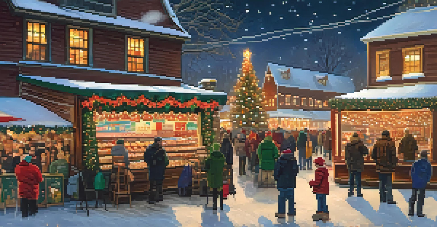 A charming Christmas market in Buffalo at night, filled with lights, holiday decorations, and people enjoying seasonal treats.