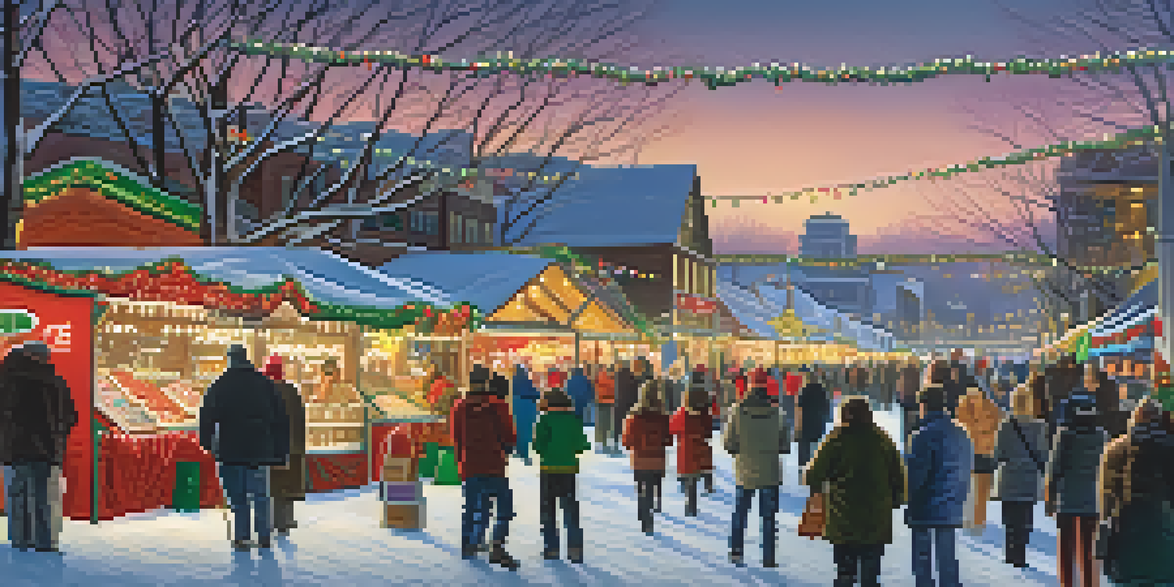 A vibrant Christmas market scene in Buffalo with illuminated stalls, vendors, and visitors enjoying the festive atmosphere.