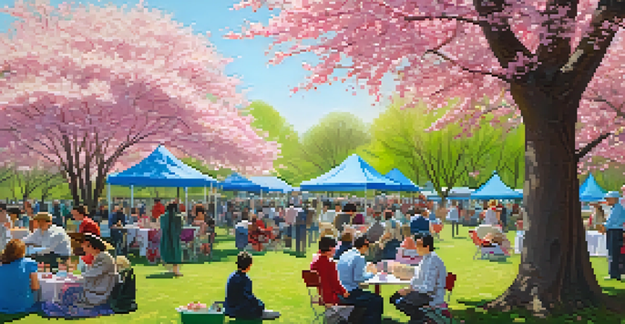 A lively park scene during the Buffalo Cherry Blossom Festival with blooming cherry trees, families enjoying picnics, and a traditional tea ceremony.