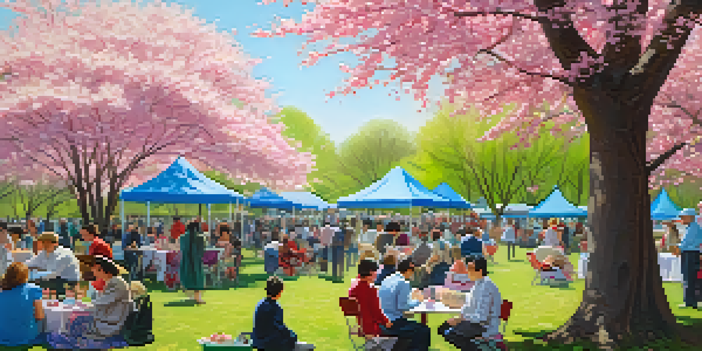 A lively park scene during the Buffalo Cherry Blossom Festival with blooming cherry trees, families enjoying picnics, and a traditional tea ceremony.