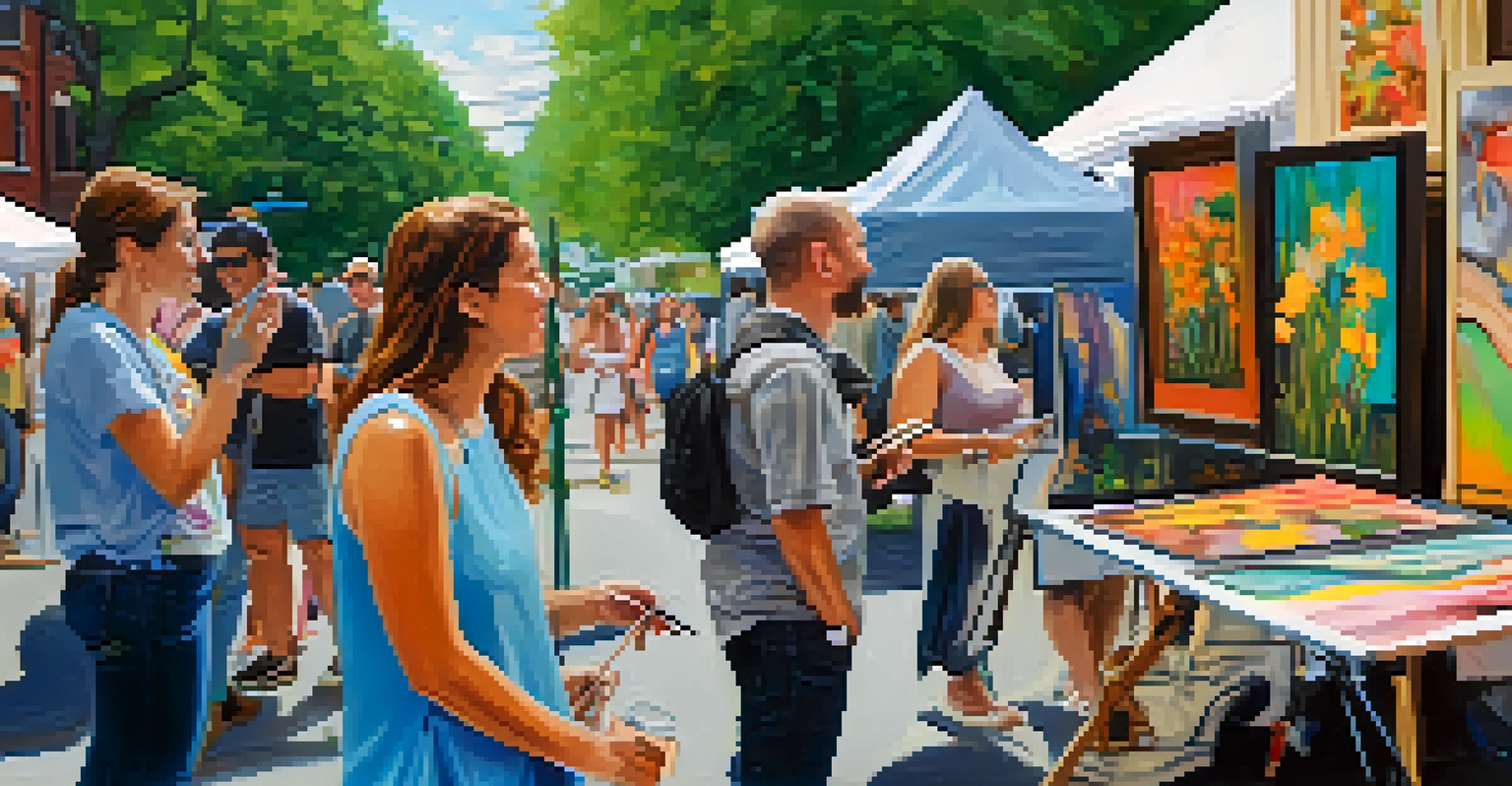 An outdoor art festival scene with an artist presenting their painting, surrounded by colorful artwork and engaged festival-goers enjoying the ambiance.